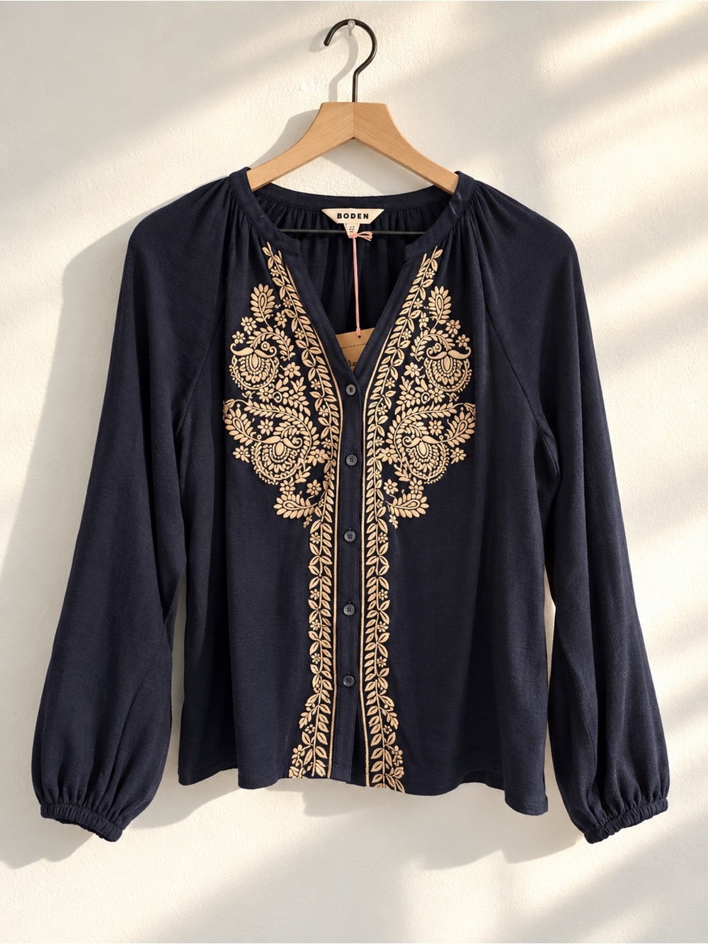 Navy Boden Alma Embroidered Paisley Folk Boho Peasant Cotton Blouse US 8